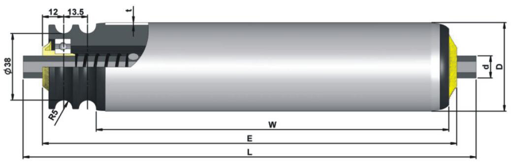 DR260 F&ouml;rderrolle aus verzinktem Stahl mit O-Riemenantrieb und Riemenscheibe