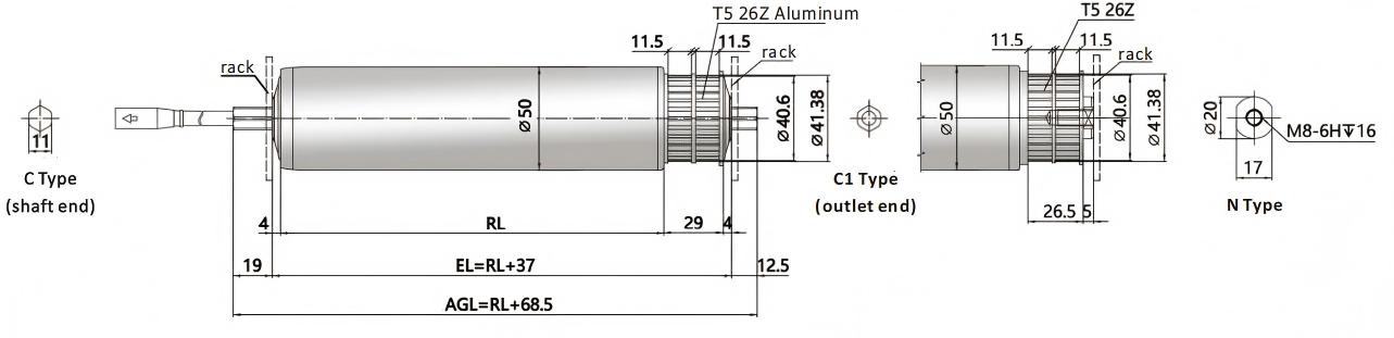 DGBL50A Zahnriemenscheibe Motorangetriebene Rollenabmessungen
